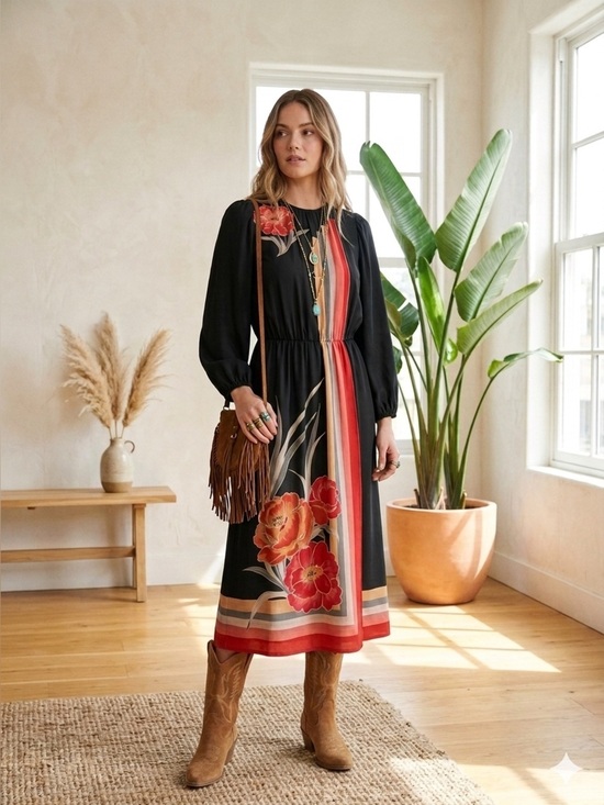 Dresses & Skirts - Vintage 1970s black silk Japanese patterned midi dress - size Medium (M)